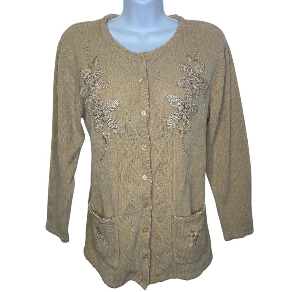 Vintage Jenny Button Up Embroidered Tan Cardigan Sweater Pockets Size Medium